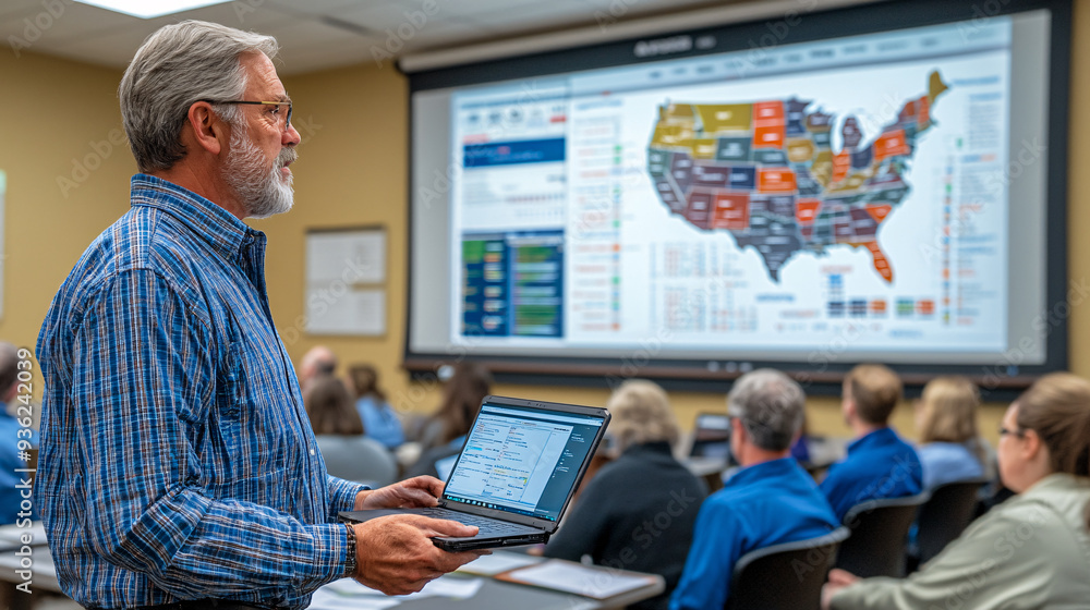 Businessman presenting data analysis on a laptop to his team in a conference room Businessman presenting data analysis on a laptop to his team in a conference room
