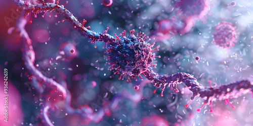 Close-up view of a virus structure in microscopic detail, representation of viral infection, biology and medical research concept in 3D illustration