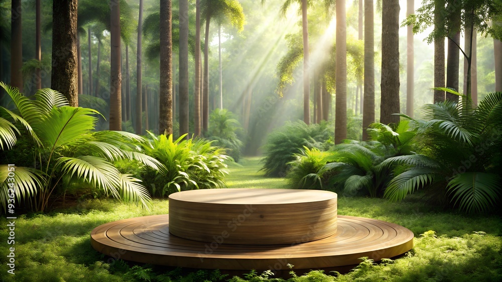 Wooden podium in a lush green forest with sun rays filtering through trees. Ideal for eco-friendly product displays with copy space. 3D rendering background podium. Wooden podium in a lush green forest with sun rays filtering through trees. Ideal for eco-friendly product displays with copy space. 3D rendering background podium.
