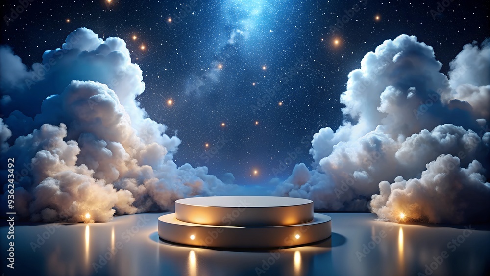Obraz premium Multi-level podium in a stadium with bright spotlights, ideal for sports-related product displays. 3D rendering with ample copy space.