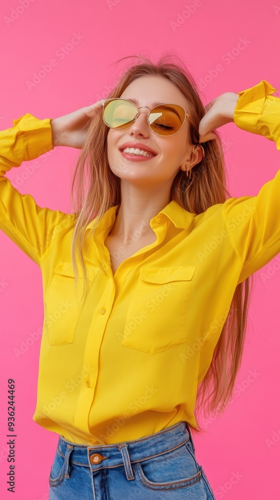 A woman in yellow shirt and sunglasses posing for a picture, AI A woman in yellow shirt and sunglasses posing for a picture, AI