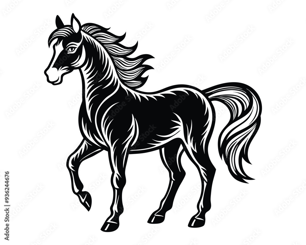 Obraz premium A silhouette of a running horse. Vector illustration of a horse breaking up on its hind legs.