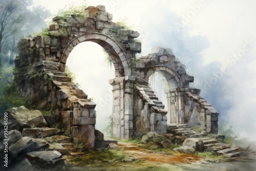 Gothic archway, ancient stones leading into fog, Watercolor style