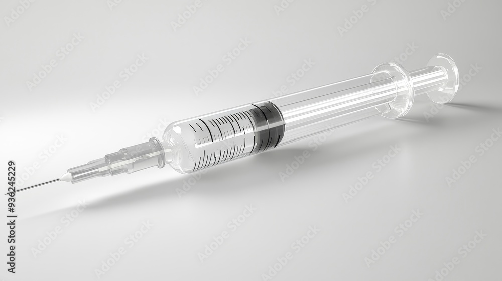 A syringe is shown with a blue tip and a black needle A syringe is shown with a blue tip and a black needle