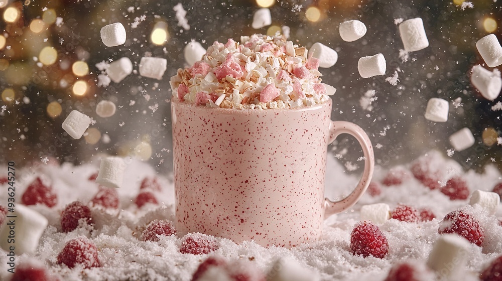 A pink mug brimming with marshmallows and raspberries atop a mountain of sugar cubes A pink mug brimming with marshmallows and raspberries atop a mountain of sugar cubes