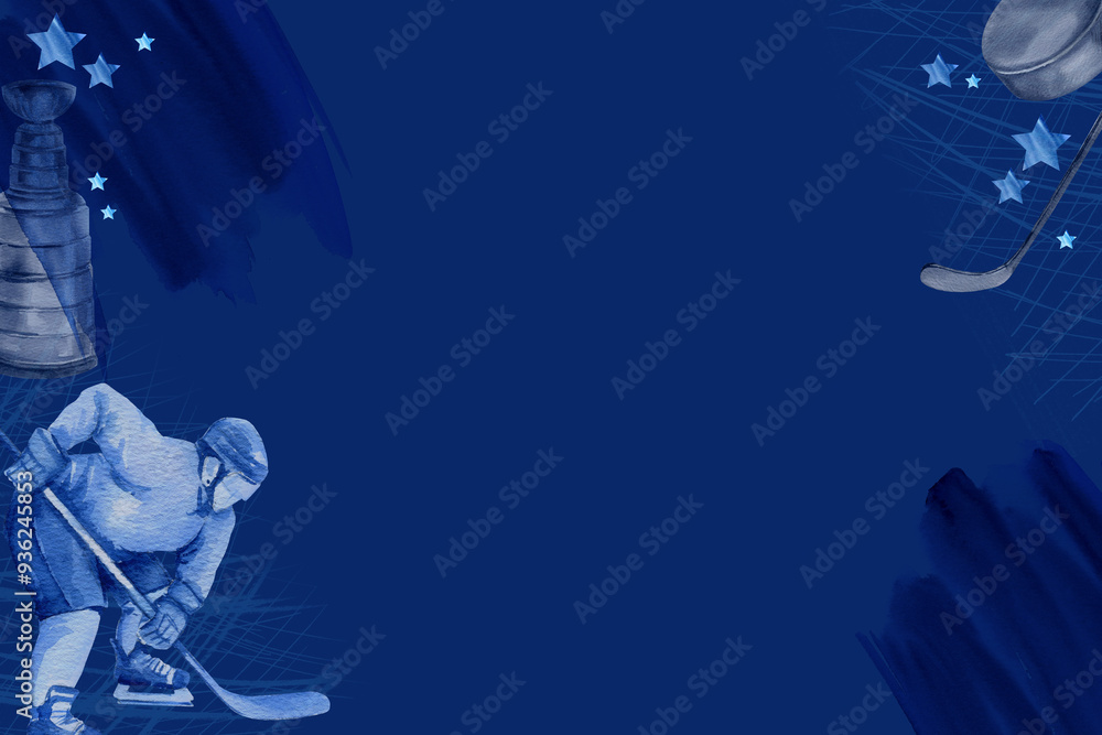 Obraz premium hockey player with sticks, hockey cup, puck, hockey stick and textured stars on blue background with skate tracks on ice, template, horizontal frame, hand drawn watercolor sketch of ice sport theme