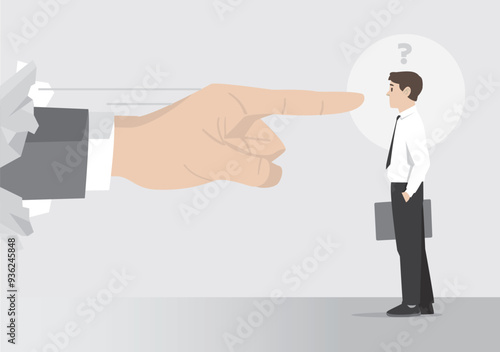 hand breaching wall finger point man to show scapegoat in working environment blame him for false accusation at performance