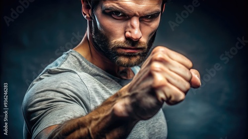 A determined masculine hand grasps an invisible object with firm intensity, conveying a sense of strength, control, and unwavering resolve. photo