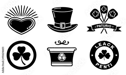 Download St. Patrick’S Day Logo Icon Set - Silhouettes: Shamrock, Leprechaun Hat, Pot Of Gold - Minimalistic Vector Illustrations Svg File For Design.