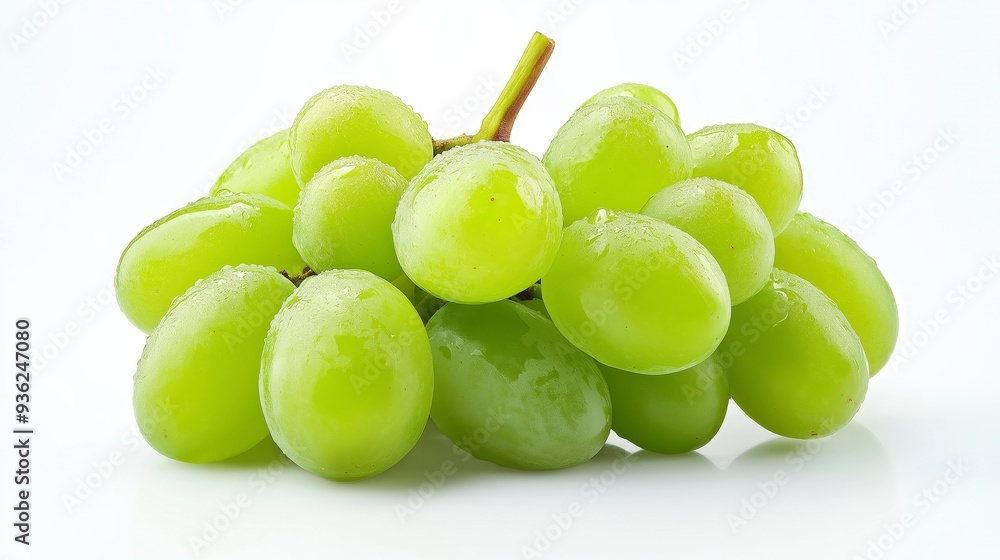 A bunch of green grapes with water droplets on a white background. A bunch of green grapes with water droplets on a white background.