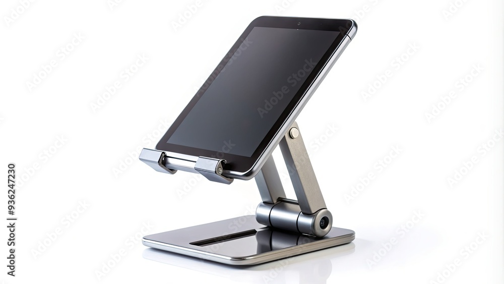 Adjustable desktop stand for holding smartphones or tablets at optimal viewing angles, isolated on a pure white background, ideal for showcasing mobile devices. Adjustable desktop stand for holding smartphones or tablets at optimal viewing angles, isolated on a pure white background, ideal for showcasing mobile devices.