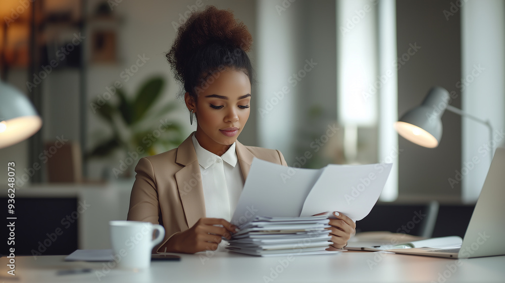 Black businesswoman read and process paper reports in office, portrait of a successful young creative businesswoman Black businesswoman read and process paper reports in office, portrait of a successful young creative businesswoman