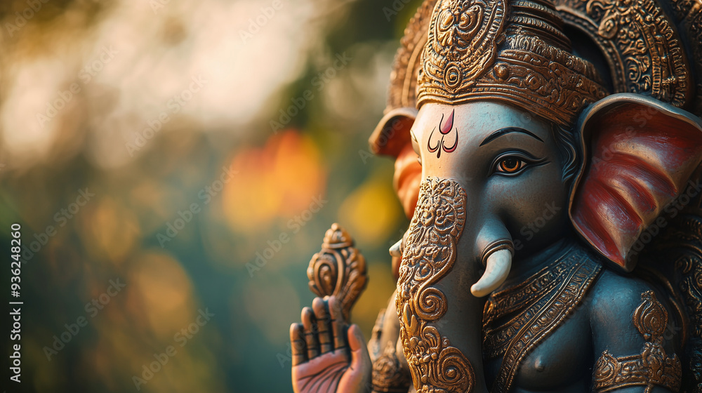 Obraz premium Happy Ganesh Chaturthi, Happy Diwali, Close up of Golden Lord Ganesha Statue with grey black Skin in Mumbai Garden, copy space concept 