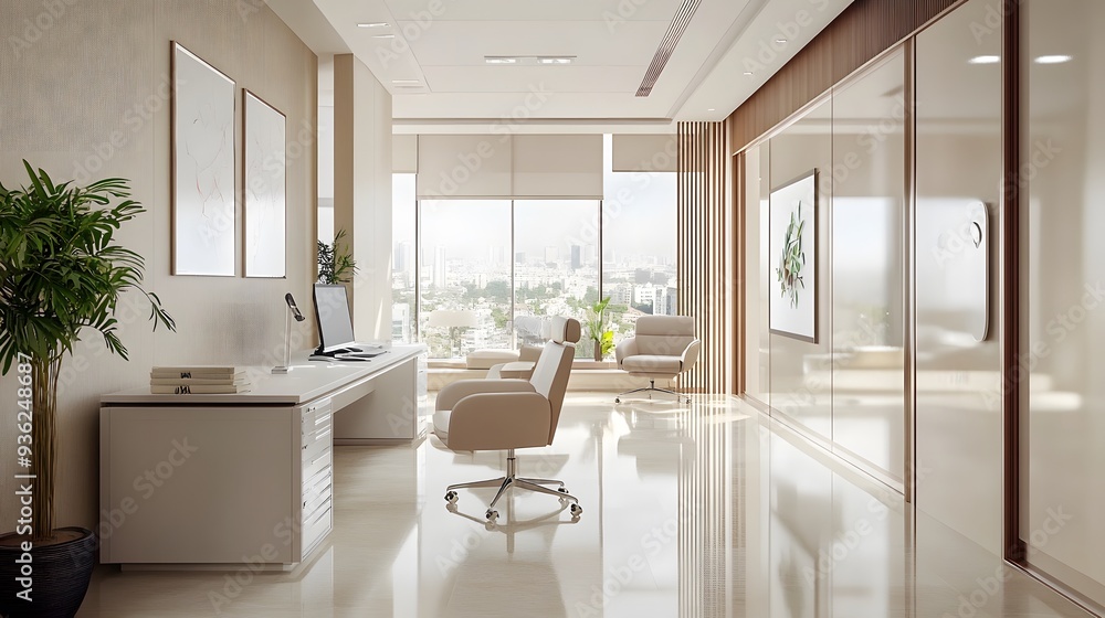 Fototapeta premium Modernes, helles Büro mit stilvollem Design und natürlicher Beleuchtung