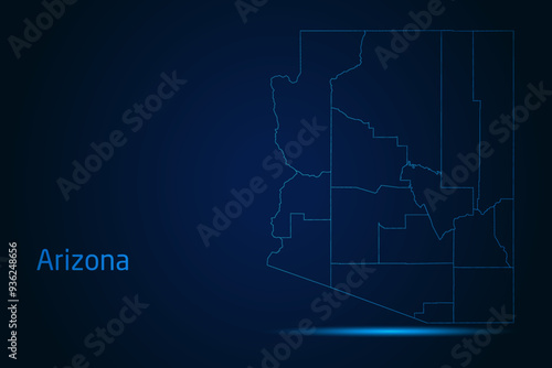 Abstract High Detailed Glow Blue Map on Dark Background of Map of Arizona symbol for your web site design map logo, app, Travel. Vector illustration eps 10.	
