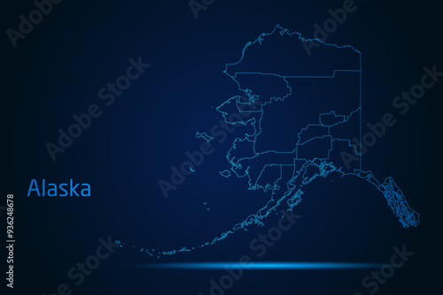 Abstract High Detailed Glow Blue Map on Dark Background of Map of Alaska symbol for your web site design map logo, app, Travel. Vector illustration eps 10.	
