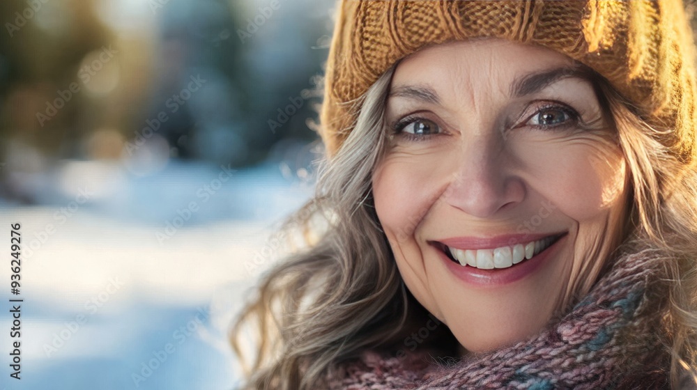 Knitted-clad woman smiles happily. Knitted-clad woman smiles happily.