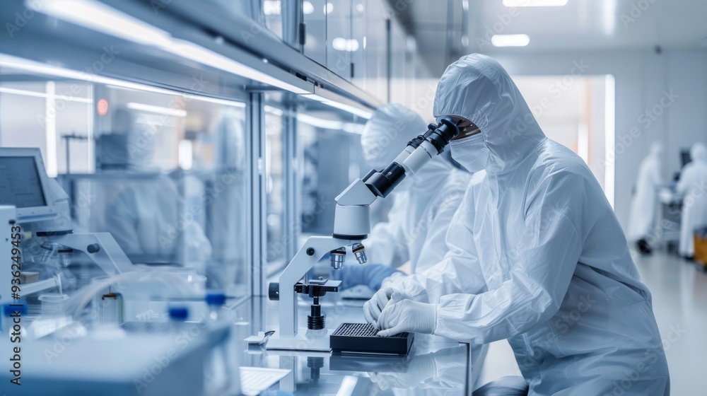 Two scientists clad in protective clothing are focused on examining samples under a microscope in a sterile laboratory environment, highlighting their dedication to research Two scientists clad in protective clothing are focused on examining samples under a microscope in a sterile laboratory environment, highlighting their dedication to research
