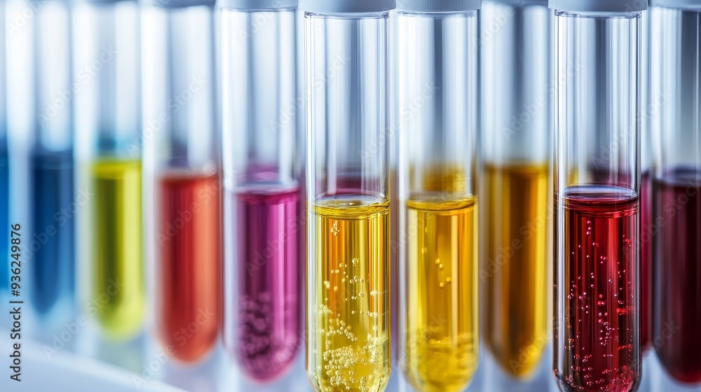 A row of clear glass bottles with different colored liquids inside A row of clear glass bottles with different colored liquids inside