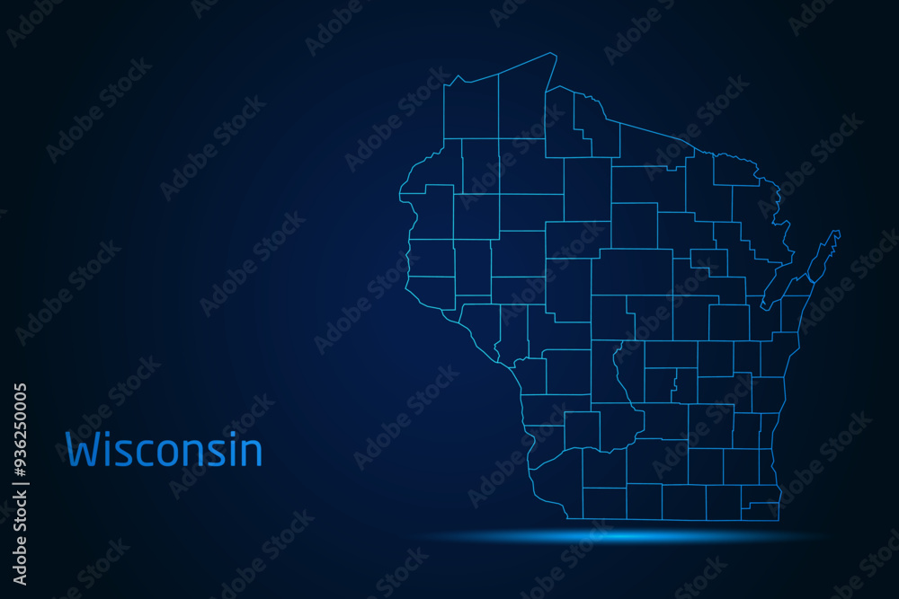 Abstract High Detailed Glow Blue Map on Dark Background of Map of Wisconsin symbol for your web site design map logo, app, Travel. Vector illustration eps 10.
Abstract High Detailed Glow Blue Map on Dark Background of Map of Wisconsin symbol for your web site design map logo, app, Travel. Vector illustration eps 10.