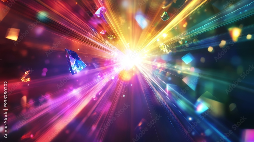 Vibrant Prism Reflection: Abstract Light Display with Rainbow Flare and Crystal Sparkles, Providing a Brilliant and Colorful Background Burst