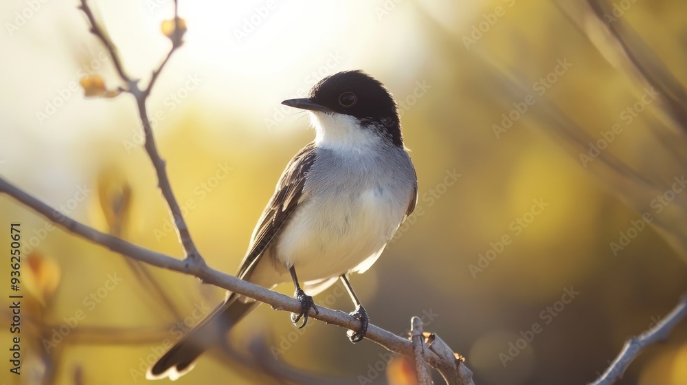 Fototapeta premium Eastern Kingbird on branch in sunlight, blurry background.