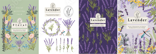 Lavender flower, flowers and floral ornament. Vector cute elegant illustration of purple lavender, wreath, bouquet, pattern. frame and design for background, greeting card, wedding invitation 