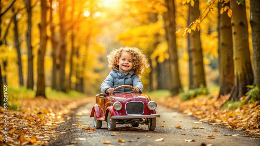 Adorable little girl with curly hair and bright smile drives a vintage toy car in a forest, embracing autumn's warmth and joyful childhood freedom. Adorable little girl with curly hair and bright smile drives a vintage toy car in a forest, embracing autumn's warmth and joyful childhood freedom.