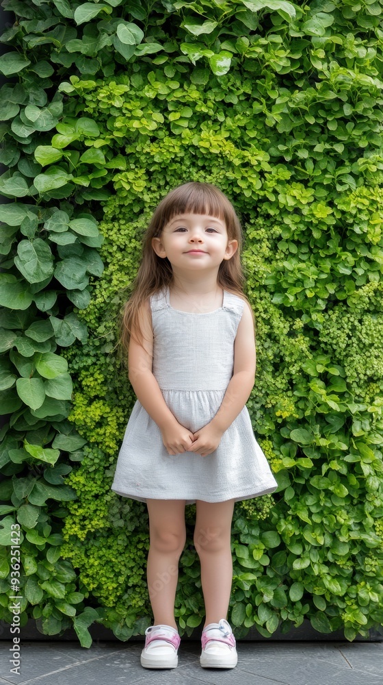 A little girl standing in front of a green wall with plants, AI A little girl standing in front of a green wall with plants, AI