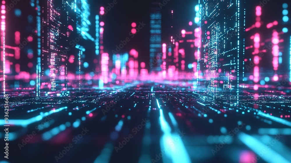 Vivid neon data streams flow through a futuristic digital city landscape at night, showcasing bright pink and blue lights Vivid neon data streams flow through a futuristic digital city landscape at night, showcasing bright pink and blue lights