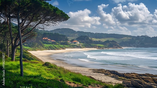 Picturesque Coastal Landscape with Sandy Beach and Rolling Hills