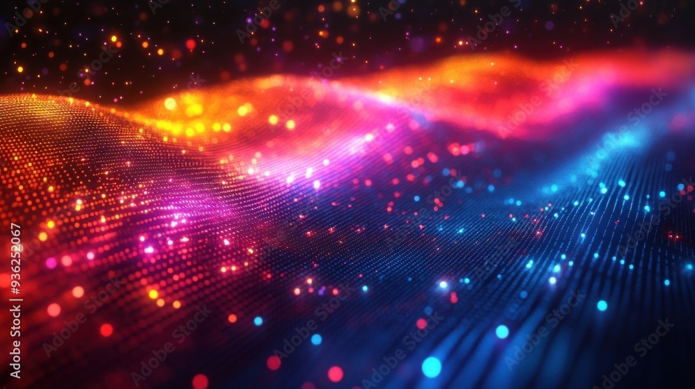 Colorful abstract digital wave of glowing pixels in vibrant, atmospheric composition Colorful abstract digital wave of glowing pixels in vibrant, atmospheric composition