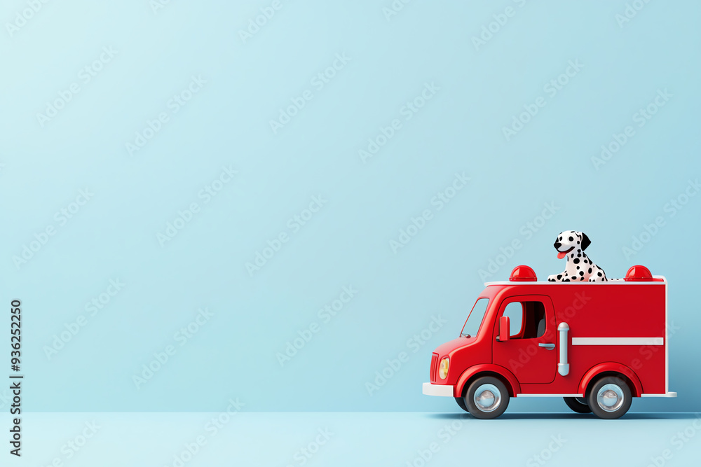 Fototapeta premium A playful toy fire truck with a dog perched on top, set against a minimalistic blue background, perfect for children's themes.