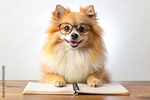 Adorable Pomeranian terrier dog sitting at a desk, wearing glasses, holding a pen, and taking notes in a white sketchbook with blank space.