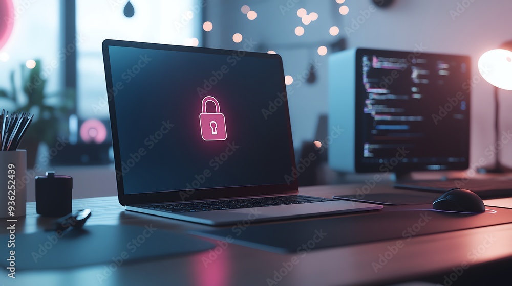 A laptop displays a secure lock icon, symbolizing cybersecurity and modern technology in a stylish workspace. A laptop displays a secure lock icon, symbolizing cybersecurity and modern technology in a stylish workspace.