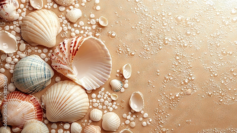A cluster of seashells perched on a sandy shore beside a surging wave, under the warm rays of sunlight A cluster of seashells perched on a sandy shore beside a surging wave, under the warm rays of sunlight