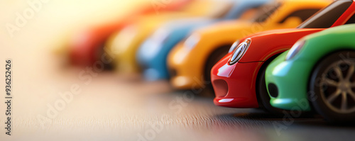 A vibrant display of colorful toy cars lined up, showcasing their detailed design and playful aesthetic on a smooth surface.
