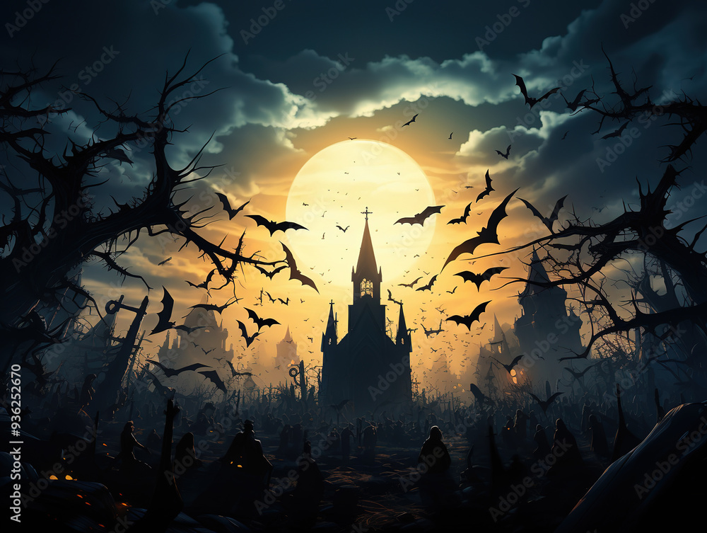 Generous Zombie Rising Out Of A Graveyard cemetery and church In Spooky scary dark Night full moon Generous Zombie Rising Out Of A Graveyard cemetery and church In Spooky scary dark Night full moon