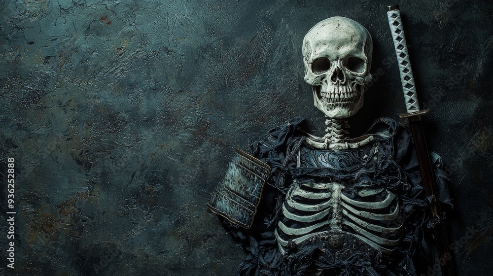 Fototapeta premium Skeleton in a samurai armor costume, shadow extending like a warrior's spirit, ancient warrior theme
