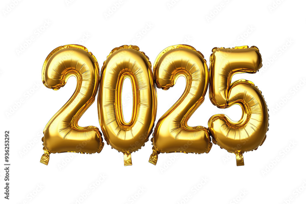 2025 Golden number helium balloons isolated background. Realistic foil