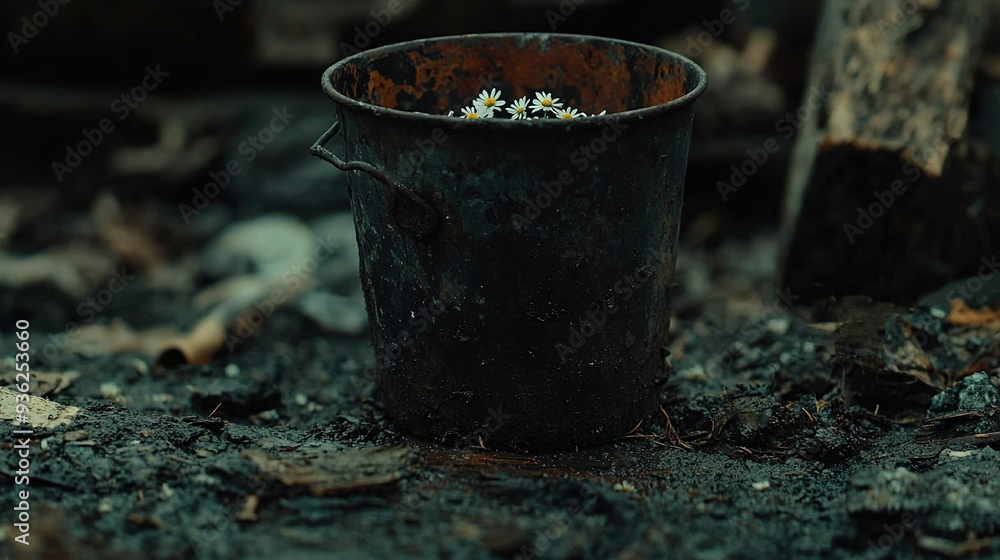 A bucket filled with white flowers sits atop dirt-covered grass, near a tree A bucket filled with white flowers sits atop dirt-covered grass, near a tree