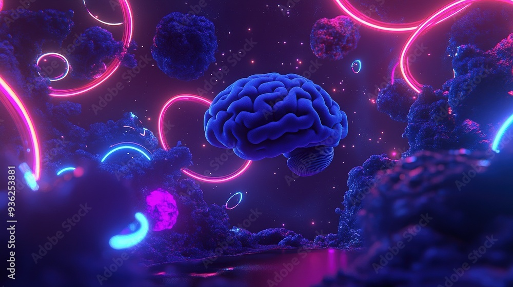 A vibrant 3D render of a brain surrounded by colorful neon lights and abstract shapes in a cosmic setting A vibrant 3D render of a brain surrounded by colorful neon lights and abstract shapes in a cosmic setting