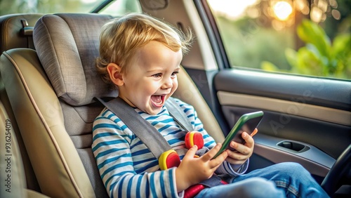 Adorable young child sitting in a car seat, enthusiastically playing with a toy phone, completely absorbed in imaginative conversation amidst a blurred vehicle interior. photo