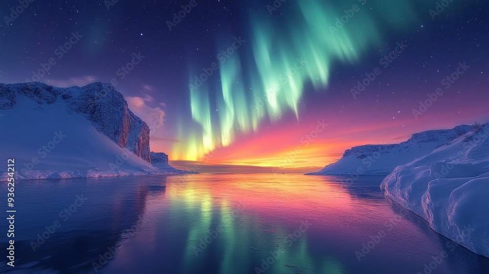 Naklejka premium Stunning aurora borealis over icy arctic landscape with vibrant sky and reflective water