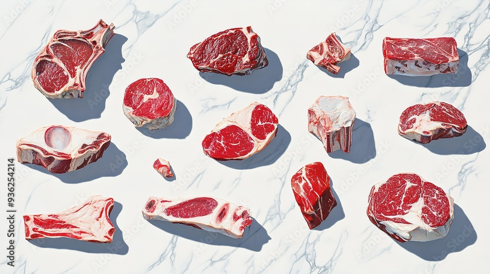 Assorted cuts of fresh red meat displayed on a marble surface showcasing various shapes and textures of beef cuts Assorted cuts of fresh red meat displayed on a marble surface showcasing various shapes and textures of beef cuts