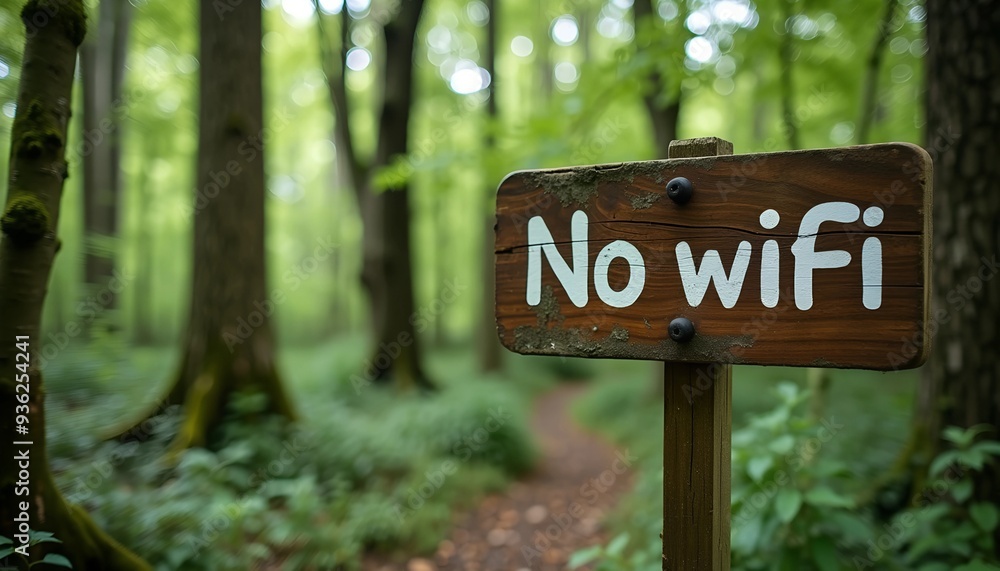 Rustic Wooden Sign in Lush Forest - 'No WiFi' Symbolizing Digital Detox in Nature Rustic Wooden Sign in Lush Forest - 'No WiFi' Symbolizing Digital Detox in Nature
