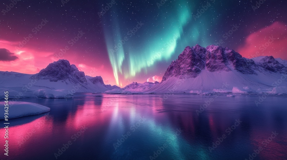 Majestic aurora borealis over snowy mountains and reflective lake at night Majestic aurora borealis over snowy mountains and reflective lake at night