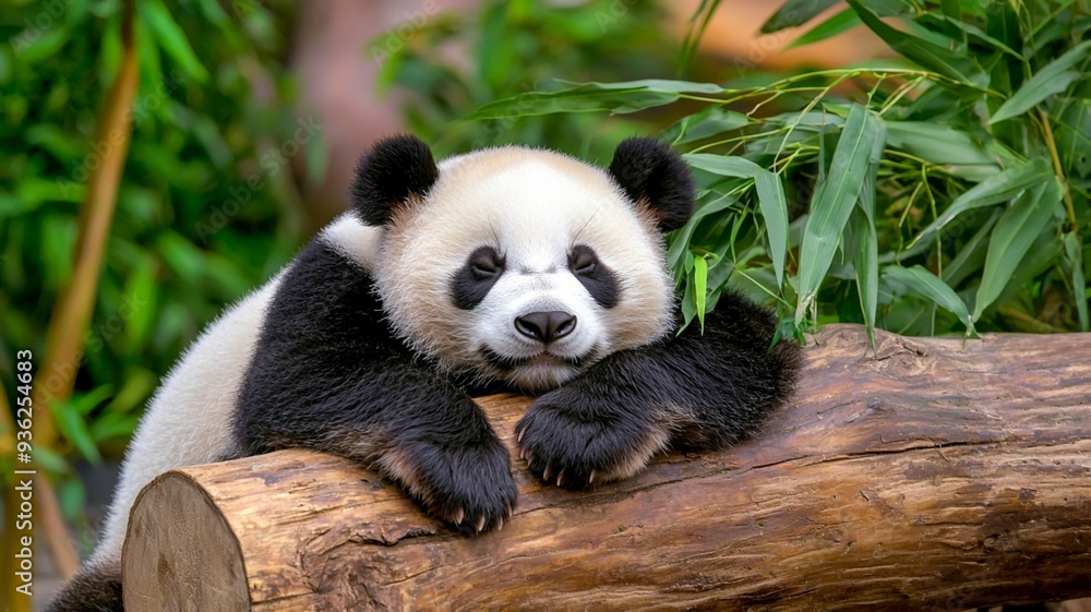 Naklejka premium Giant panda, rare black and white mammal, eating bamboo in Chengdu, China, a symbol of wildlife conservation