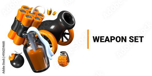 Wheel cannon, Molotov cocktail, dynamite sticks, bullets, cannonball, grenade