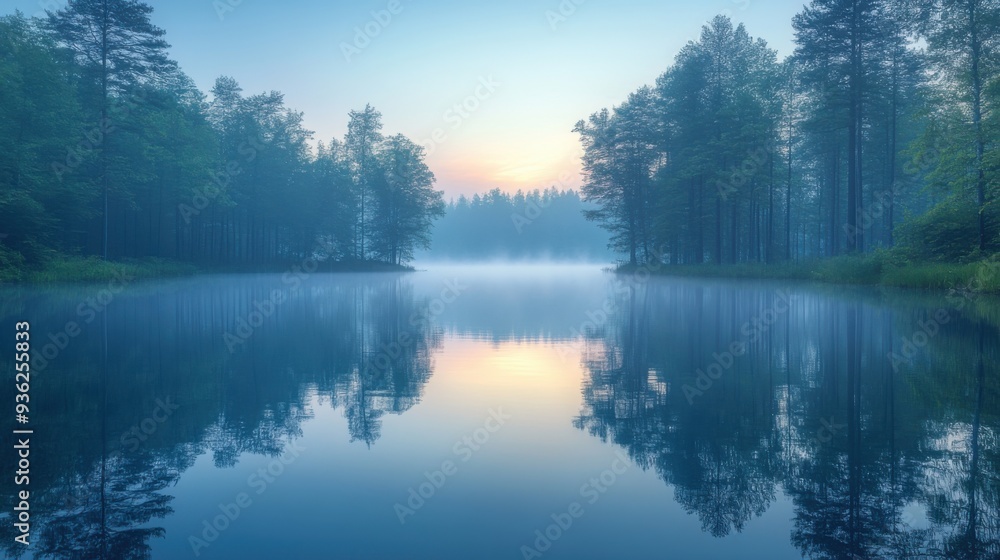 Tranquil misty lake reflecting trees at sunrise in serene forest landscape Tranquil misty lake reflecting trees at sunrise in serene forest landscape
